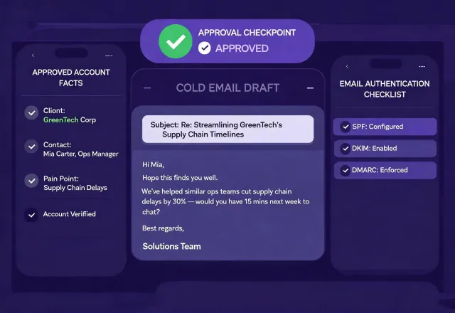 Approved facts being assembled into a human-reviewed outreach draft